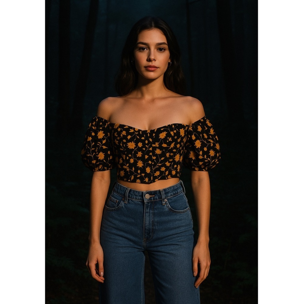 C/MEO Floral Puff Sleeve Crystal Beaded Off Shoulder Corset Bustier Crop Top XXS